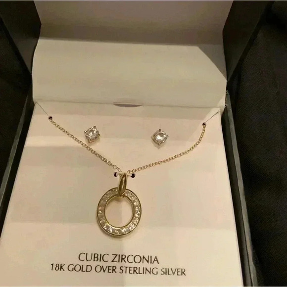 Cubic Zirconia Circle Pendant Necklace & White Lab Created Sapphire Studs - Picture 1 of 3